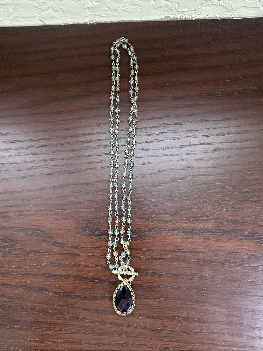 Gold-Tone Necklace with Deep Purple Teardrop Pendant